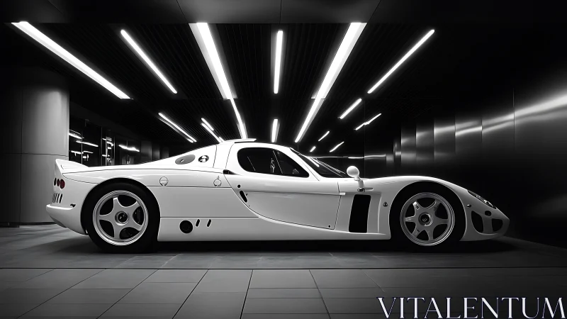 White supercar in sleek black tunnel-like modern garage.