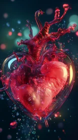 Digital glass heart pulses with crimson liquid energy