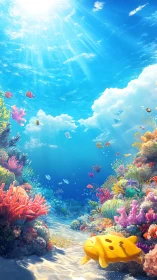 Sunlit coral canyon and drifting toy turtle in dreamy seas.