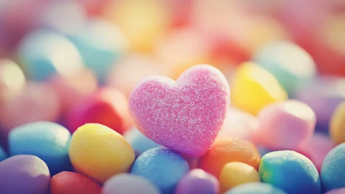 Pink Heart Among Colorful Candy Sphere in Dreamy Bokeh