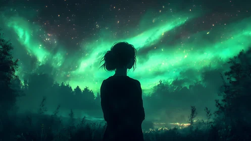 Stargazing silhouette listens quietly to the emerald sky