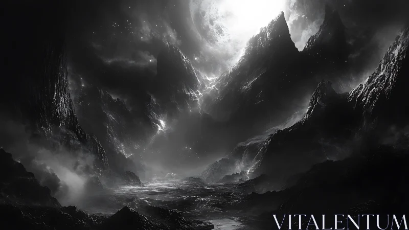 Moon-drowned chasm where stormlit mountains whisper secrets.