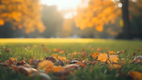 Golden autumn leaves glow softly across sunlit grass.