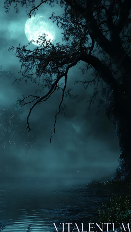 Moonlit swamp tree leans into fog and whispers to water
