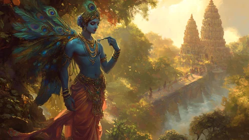 Peacock-winged blue deity near riverside temple at dawn.