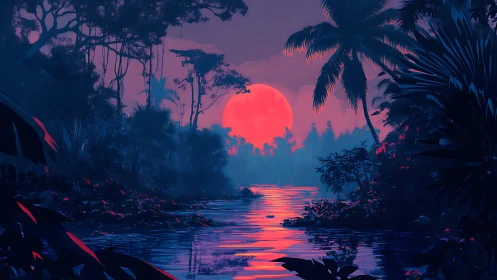 Neon pink moon rises over dense tropical river jungle