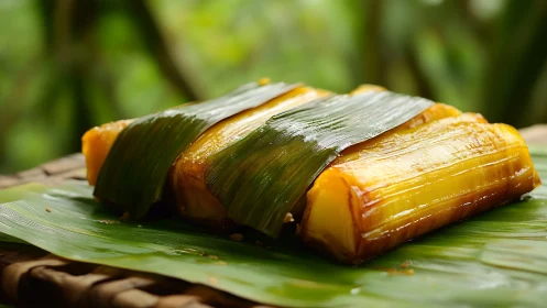 Steamed banana leaf wrapped cassava dessert on leaf platter.