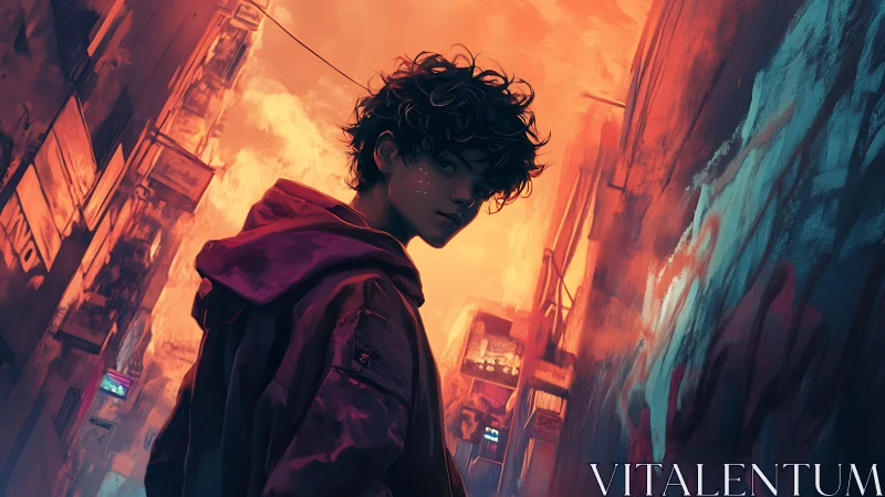 Moody city alley wanderer wrapped in glowing sunset light.