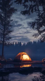 Glowing riverside tent under twilight forest sky.