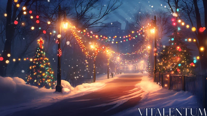 Digital painting of festive winter park under garlanded lights.