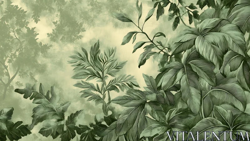 Lush green foliage spreads across a softly faded jungle wall
