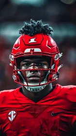 Intense gridiron portrait isolates football player in vivid red armor
