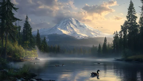 Snowcrowned mountain dreaming over misty pinewater dawn.