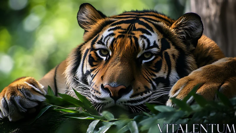 Photorealistic close-up of resting Bengal tiger in foliage