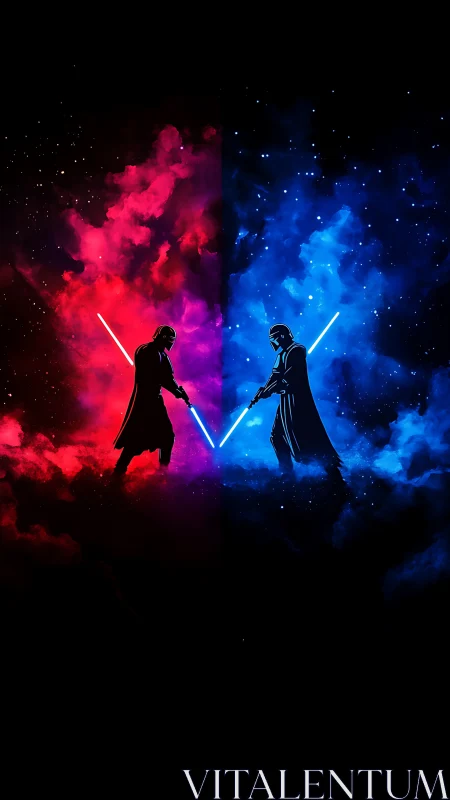 Dual neon sabers dividing chromatic cosmic battlefield.
