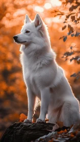 White dog on forest rock with orange autumn foliage background.