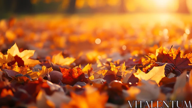 Sunlit maple leaves lie on ground in shallow focus view