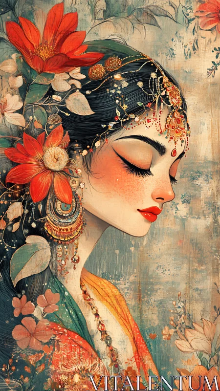 Ornate floral portrait of woman in stylized digital painting.