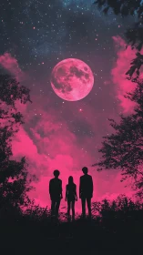 Silhouetted figures stand beneath vivid pink lunar sky