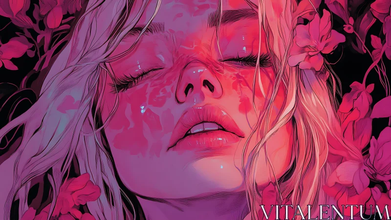 Sensual portrait in magenta florals and luminous tears.