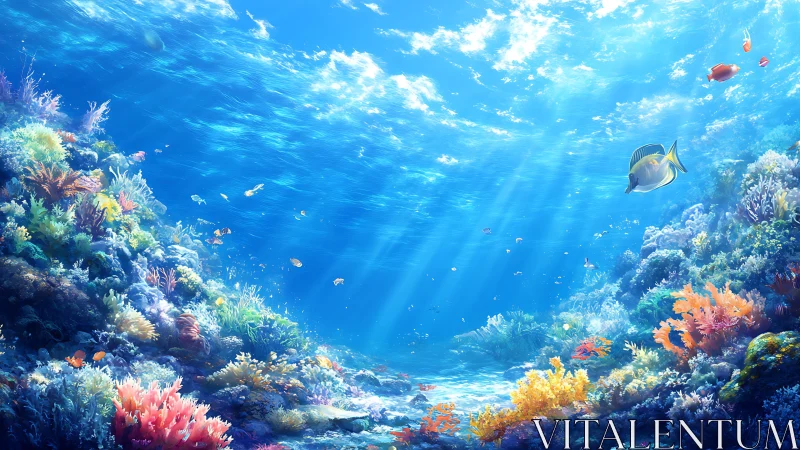 Coral reef scene shows sunlit seafloor and scattered tropical fish