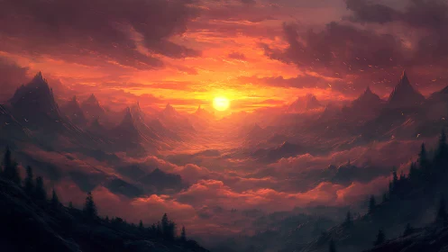Burning sky over misty fantasy mountain valley at dawn.