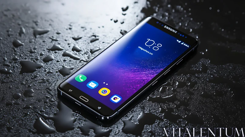 Samsung Galaxy Smartphone Displaying Gradient Interface on Wet Surface