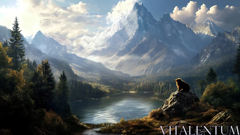 Solitary bear overlooking sunlit alpine lake and peaks.