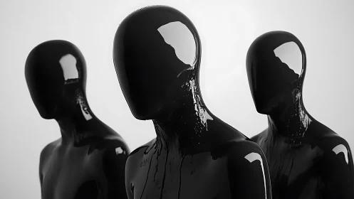 Three glossy black humanoid figures stand in formation