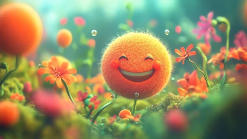 Smiling fuzzy orange sphere floats in luminous flower meadow
