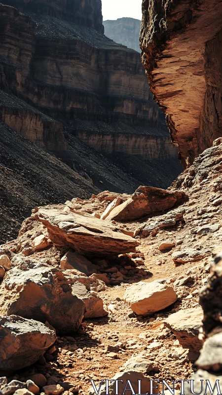 Eroded canyon ledge reveals stratified sandstone under harsh light