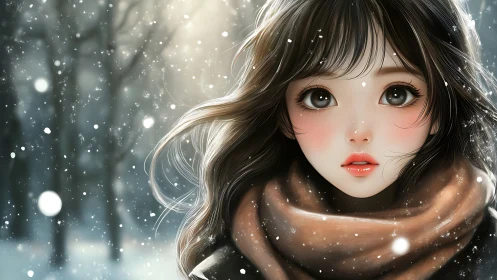 Snowlit anime portrait captures emotive gaze in soft winter light