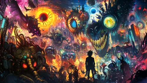 Silhouetted figure observes chaotic cosmic cityscape scene