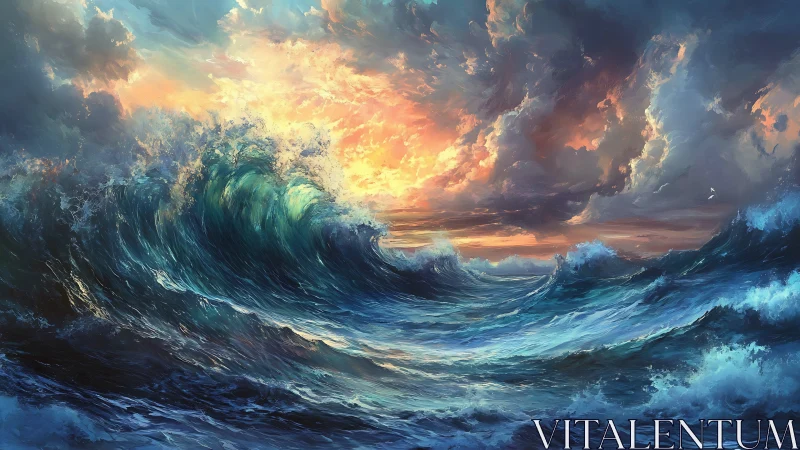 Digital seascape with large waves under dramatic sunset sky.