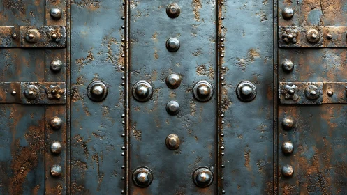 Oxidized riveted steel door surface with corroded patina texture
