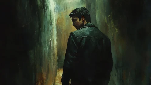 Lone figure in a shadowed alley pausing between light, choices.