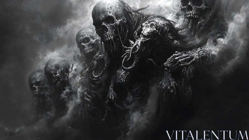 Skeletal wraiths emerging from swirling monochrome fog.