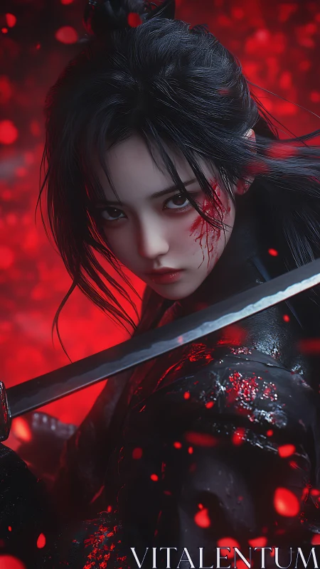 Bloodlit female swordsman with katana and scarred face.