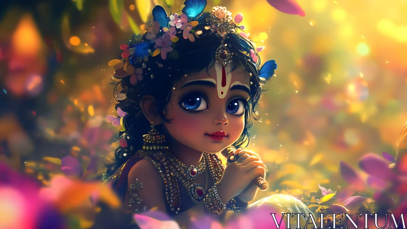 Gentle child with flute glows amid dreamy forest light