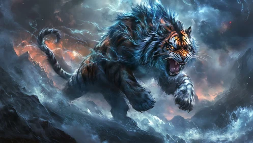 Electrified spectral tiger charges through turbulent stormscape