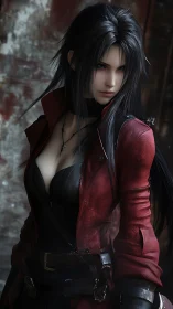 Dark-haired warrior in crimson coat under moody light.