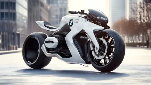 Futuristic BMW concept motorcycle on empty city street.