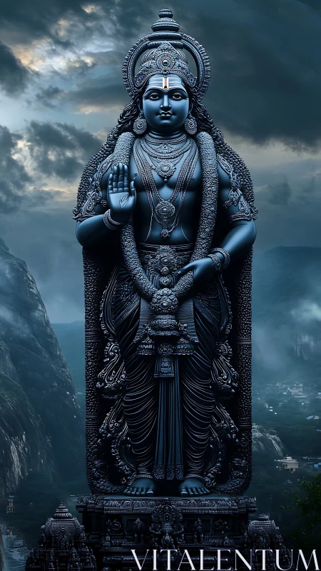 Tall blue deity statue stands before misty mountain valley