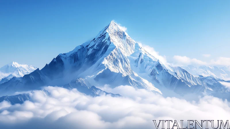 Snow crowned mountain rising above soft rolling clouds.