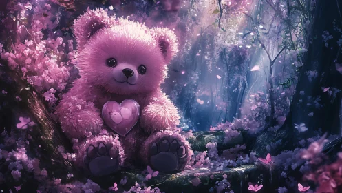 Pink plush teddy bear in glowing sakura fantasy forest scene.