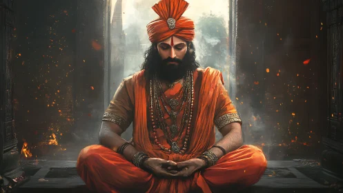 Serene orange clad mystic sits in deep meditative stillness