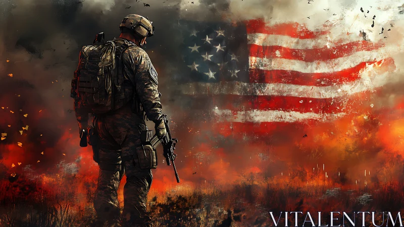 Armored soldier studies distressed US flag amid incendiary haze