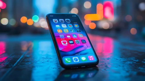 Smartphone glowing in neon cityscape with vibrant app ecosystem