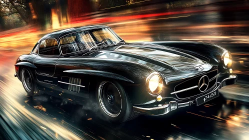 Midnight gullwing rocket slicing neon city rainlines.