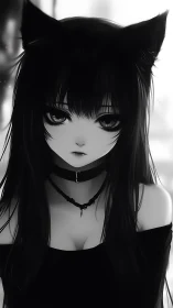 Cat-eared anime girl stares forward in monochrome portrait